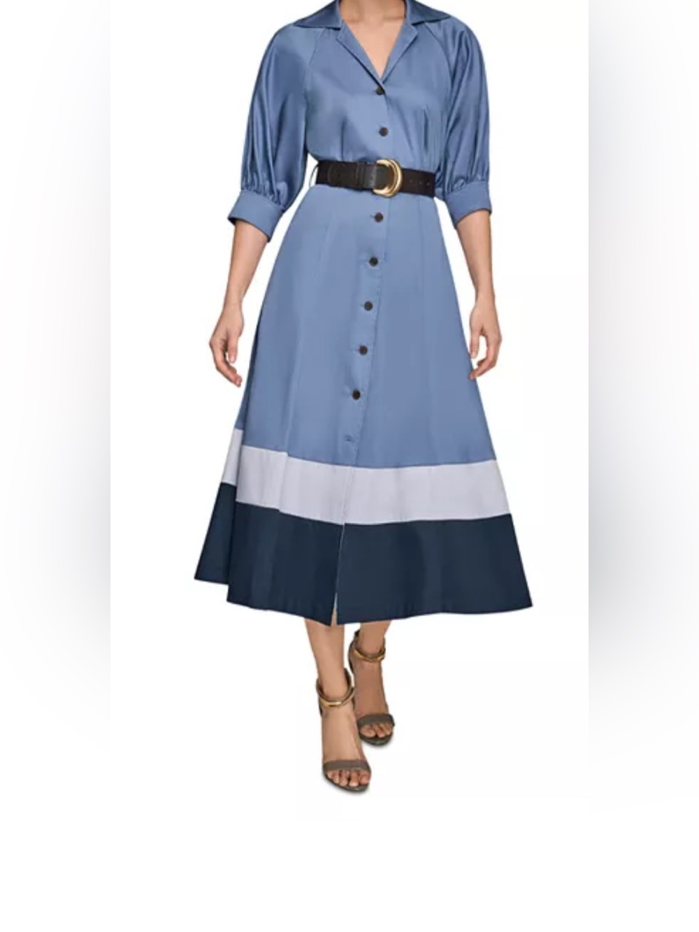 Donna Karan Blue Colorblock Button-Front Midi Dress